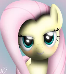 Size: 3500x3950 | Tagged: artist:facelesssoles, bedroom eyes, blushing, bust, derpibooru import, fluttershy, looking at you, portrait, safe, signature, simple background, smiling, solo