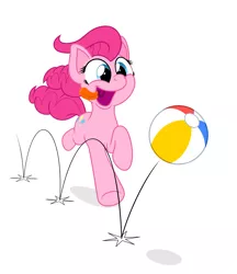 Size: 4330x5009 | Tagged: safe, artist:zutheskunk, derpibooru import, pinkie pie, earth pony, pony, absurd resolution, ball, beach ball, behaving like a dog, bouncing, chase, cute, diapinkes, female, mare, open mouth, puppy pie, simple background, smiling, solo, tongue out, white background