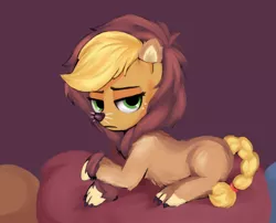 Size: 1228x992 | Tagged: applejack, applelion, artist:heavenlysasha, clothes, costume, crossed hooves, derpibooru import, fluffy, freckles, frown, looking at you, looking back, nightmare night, nightmare night costume, prone, safe, scare master, solo, unamused