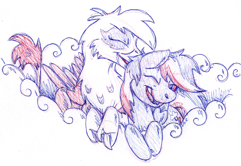 Size: 800x552 | Tagged: safe, artist:razzek, derpibooru import, gilda, rainbow dash, gryphon, cloud, cute, dashabetes, female, gildadorable, gildash, interspecies, lesbian, nuzzling, one eye closed, shipping, smiling, traditional art