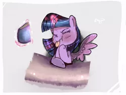 Size: 1600x1200 | Tagged: safe, artist:angelstar063, derpibooru import, twilight sparkle, twilight sparkle (alicorn), alicorn, pony, :t, blushing, book, bored, cute, female, levitation, magic, mare, raspberry, solo, spread wings, telekinesis, tongue out, twiabetes