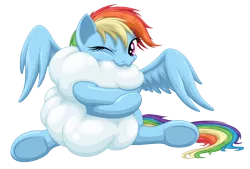 Size: 3400x2300 | Tagged: safe, artist:ohemo, derpibooru import, rainbow dash, pegasus, pony, :3, cloud, cute, dashabetes, female, hug, looking at you, mare, nom, one eye closed, simple background, sitting, smiling, solo, spread wings, that pony sure does love clouds, transparent background, underhoof, weapons-grade cute, wink