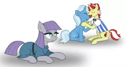 Size: 1024x545 | Tagged: safe, artist:susiebeeca, derpibooru import, flam, maud pie, trixie, pony, unicorn, eyes closed, female, flamtrix, flaxie, implied lesbian, implied mauxie, implied shipping, male, mare, nuzzling, prone, shipping, simple background, sitting, smiling, straight, white background