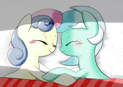 Size: 1000x713 | Tagged: safe, artist:dambitail, derpibooru import, bon bon, lyra heartstrings, sweetie drops, best friends, blushing, female, lesbian, lyrabon, shipping, smiling