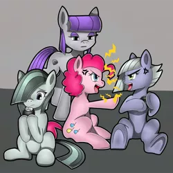 Size: 2000x2000 | Tagged: 8-ball, artist:flam3zero, derpibooru import, electricity, limestone pie, marble pie, maud pie, open mouth, pairing stone, pie sisters, pinkie pie, safe, siblings, sisters, sitting