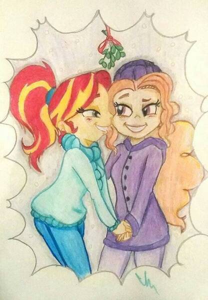 Size: 515x742 | Tagged: safe, artist:gingerthefox, derpibooru import, adagio dazzle, sunset shimmer, equestria girls, alternate hairstyle, clothes, female, holding hands, lesbian, mistletoe, shipping, sunsagio, traditional art, winter outfit