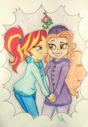Size: 515x742 | Tagged: safe, artist:gingerthefox, derpibooru import, adagio dazzle, sunset shimmer, equestria girls, alternate hairstyle, clothes, female, holding hands, lesbian, mistletoe, shipping, sunsagio, traditional art, winter outfit