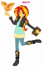 Size: 1556x2592 | Tagged: safe, artist:jack-pie, derpibooru import, sunset shimmer, equestria girls, book, clothes, journal, leather jacket, looking at you, pants, raised leg, signature, solo