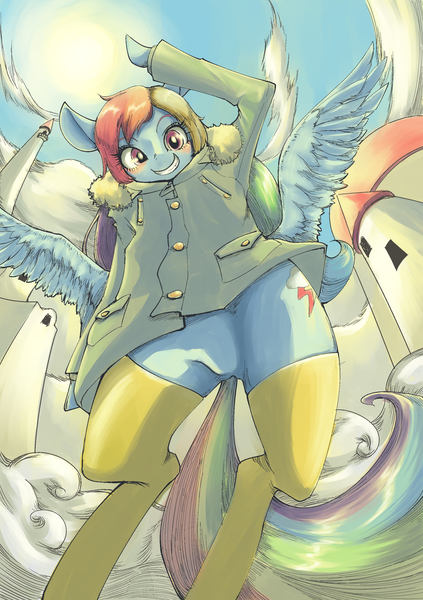 Size: 2039x2894 | Tagged: artist:unousaya, blushing, clothes, cloudsdale, coat, derpibooru import, featureless crotch, grin, rainbow dash, safe, semi-anthro, socks, solo, thigh highs