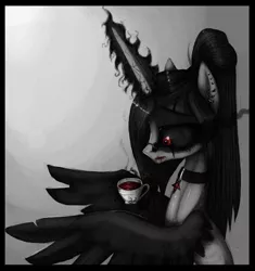 Size: 1217x1297 | Tagged: artist:vongrell, blood, cup of blood, derpibooru import, oc, oc:vileraven, semi-grimdark, unofficial characters only, vampony