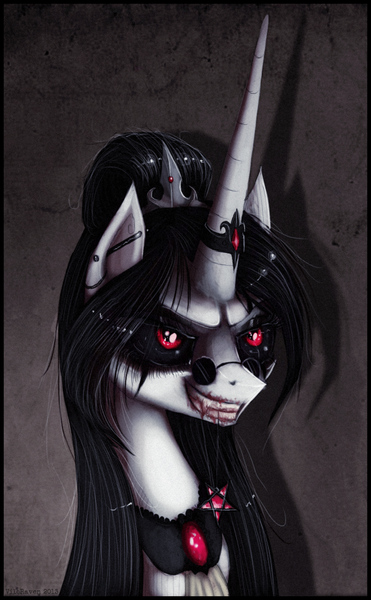 Size: 703x1137 | Tagged: artist:vongrell, derpibooru import, necklace, oc, oc:vileraven, pentagram, red eyes, semi-grimdark, sharp teeth, unofficial characters only, vampony