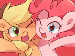 Size: 512x387 | Tagged: safe, artist:miki 14, artist:tomatoraito, derpibooru import, applejack, pinkie pie, earth pony, pony, cute, diapinkes, duo, female, happy, jackabetes, mare, one eye closed, open mouth, red background, simple background, smiling, wink
