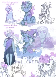 Size: 2480x3434 | Tagged: alternate hairstyle, artist:mscootaloo, basket, blushing, candy, clothes, derpibooru import, dress, human, humanized, potion, safe, sketch, sketch dump, solo, sweatdrop, trixie