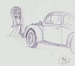 Size: 4715x4144 | Tagged: absurd resolution, artist:radiatingcalm, car, corner, derpibooru import, discovery, fluttershy, monochrome, quick sketch, safe, shy, solo, volkswagen beetle, wall