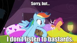 Size: 1280x720 | Tagged: bastard child, derpibooru import, dragonball z abridged, future trunks, illegitimate, image macro, meme, orphan, punch, quote, rainbow dash, scootabuse, scootalone, scootaloo, semi-grimdark, vegeta