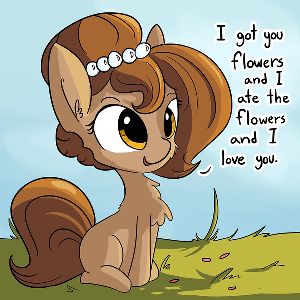 Size: 990x990 | Tagged: safe, artist:tjpones, derpibooru import, oc, oc:brownie bun, unofficial characters only, earth pony, pony, horse wife, adorkable, but i eated it, cheek fluff, chest fluff, cute, dialogue, dork, female, fluffy, grass, i love you, mare, ocbetes, open mouth, shoulder fluff, sitting, smiling, solo, tjpones is trying to murder us, weapons-grade cute