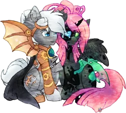 Size: 2917x2621 | Tagged: safe, artist:iroxykun, derpibooru import, oc, oc:gears, oc:stitches, unofficial characters only, changeling, hybrid, pegasus, pony, artificial wings, augmented, cape, clothes, comforting, crying, female, goggles, horn, male, mechanical wing, oc x oc, shipping, steampunk, straight, wings