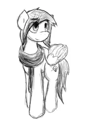 Size: 404x566 | Tagged: safe, artist:candel, derpibooru import, oc, oc:candlelight, unofficial characters only, pony, black and white, clothes, grayscale, scarf, sketch, solo