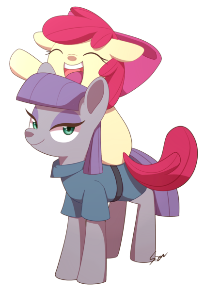 Size: 1182x1675 | Tagged: safe, artist:sion, derpibooru import, apple bloom, maud pie, pony, clothes, eyes closed, floppy ears, lidded eyes, looking at you, maudbloom, open mouth, ponies riding ponies, simple background, smiling, transparent background, when she smiles