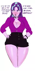 Size: 1029x2100 | Tagged: artist:bimbo sparkles, bimbo, breasts, busty starlight glimmer, cleavage, clothes, derpibooru import, dialogue, female, hips, hourglass figure, human, humanized, pony coloring, simple background, solo, solo female, starlight glimmer, suggestive, tsundere, white background