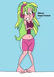 Size: 955x1353 | Tagged: safe, artist:hunterxcolleen, derpibooru import, lemon zest, equestria girls, friendship games, belly button, clothes, cold, feet, freezing fetish, headphones, hypothermia, shivering, snow, swimsuit, talking