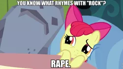 Size: 960x540 | Tagged: suggestive, derpibooru import, edit, edited screencap, screencap, apple bloom, pony, hearthbreakers, >rape, bed, blatant lies, caption, captioned, female, filly, frown, image macro, implied foalcon, implied rape, meme, pillow, rape joke, rock, side, unhappy, weird rock, worried