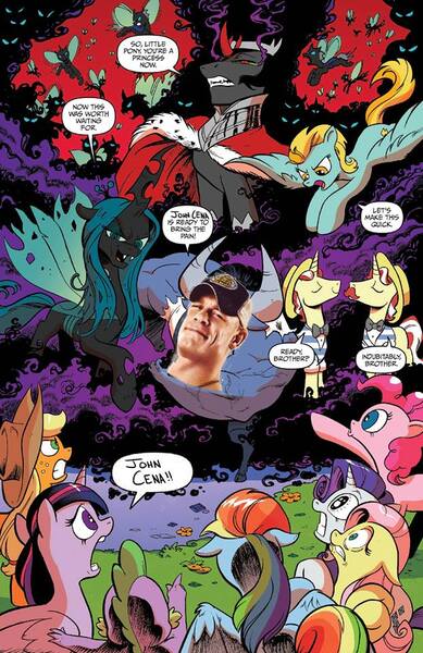 Size: 623x960 | Tagged: safe, artist:andypriceart, derpibooru import, edit, idw, applejack, flam, flim, fluttershy, iron will, king sombra, lightning dust, pinkie pie, queen chrysalis, rainbow dash, rarity, spike, twilight sparkle, twilight sparkle (alicorn), alicorn, changeling, pony, spoiler:comic, spoiler:comic35, comic, john cena, mane seven, mane six, meme