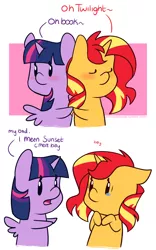 Size: 1136x1818 | Tagged: safe, artist:estrill, derpibooru import, sunset shimmer, twilight sparkle, twilight sparkle (alicorn), alicorn, pony, unicorn, bae, bby, blushing, bookhorse, crying, female, freudian slip, infidelity, lesbian, open mouth, shipping, simple background, sunsetsparkle, that pony sure does love books, white background