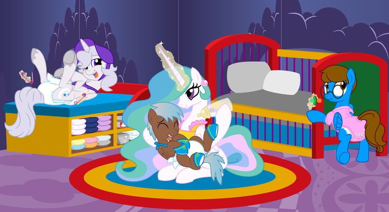 Size: 11000x6000 | Tagged: questionable, artist:evilfrenzy, derpibooru import, princess celestia, oc, alicorn, pony, absurd resolution, adult foal, alicorn oc, baby bottle, bonnet, booties, changing table, cloth diaper, crib, cute, diaper, diaper change, diaper fetish, magic, momlestia, onesie, pacifier, poofy diaper, request, safety pin, scrunchy face, show accurate, telekinesis