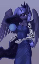 Size: 2000x3240 | Tagged: alicorn, anthro, artist:f13proxima, clothes, cyborg, dead source, derpibooru import, dress, female, hologram, mare, necklace, planet, princess luna, prosthetic limb, prosthetics, safe, solo