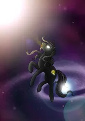 Size: 2460x3485 | Tagged: artist:westphalianartist, derpibooru import, floating, flowing mane, galaxy, glowing cutie mark, glowing eyes, lighting, mist, safe, space, stars, star swirl the bearded, story in the source, universe, younger