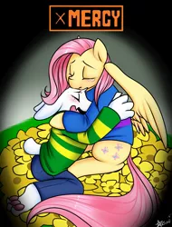 Size: 975x1280 | Tagged: artist:azure-doodle, asriel dreemurr, comforting, crossover, crying, cute, derpibooru import, fluttershy, frisk, friskershy, hug, safe, spoilers for another series, undertale
