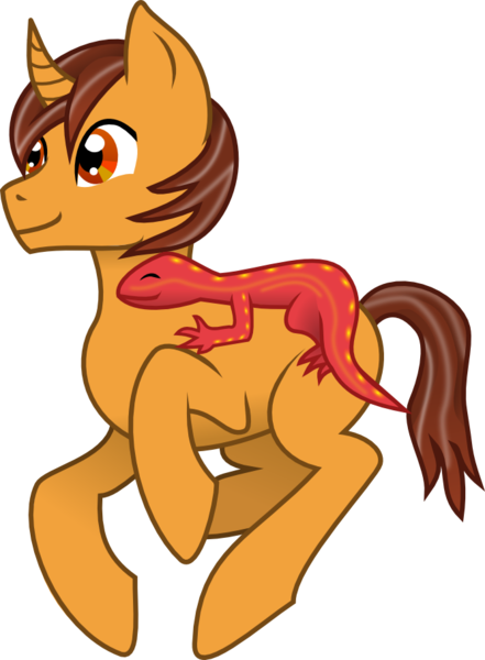 Size: 667x907 | Tagged: safe, artist:sketchy brush, derpibooru import, oc, oc:heart afire, oc:thyrion, unofficial characters only, lizard, pony, salamander, unicorn, brown eyes, brown mane, male, simple background, smiling, stallion, transparent background, vector