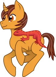 Size: 667x907 | Tagged: safe, artist:sketchy brush, derpibooru import, oc, oc:heart afire, oc:thyrion, unofficial characters only, lizard, pony, salamander, unicorn, brown eyes, brown mane, male, simple background, smiling, stallion, transparent background, vector