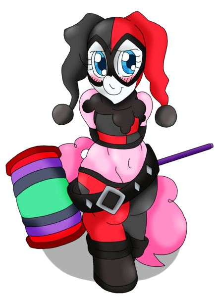 Size: 1444x1967 | Tagged: safe, artist:blackbewhite2k7, derpibooru import, pinkie pie, pony, assault on arkham, belly, bipedal, blushing, crossover, harley quinn, mallet, simple background, solo, transparent background, vector