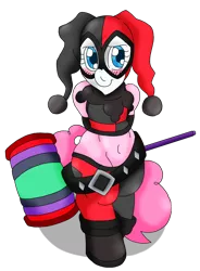 Size: 1444x1967 | Tagged: safe, artist:blackbewhite2k7, derpibooru import, pinkie pie, pony, assault on arkham, belly, bipedal, blushing, crossover, harley quinn, mallet, simple background, solo, transparent background, vector