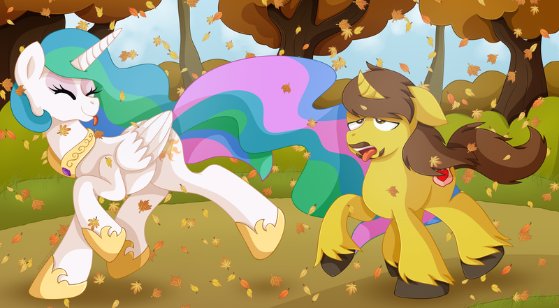 Size: 2100x1157 | Tagged: safe, artist:pearlyiridescence, derpibooru import, princess celestia, oc, oc:jsonus heartguard, pony, unicorn, autumn, celesonus, leaves, panting, racing, running, running of the leaves, tongue out, tree