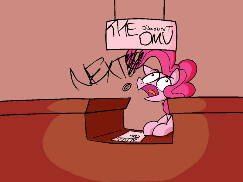 Size: 1241x928 | Tagged: artist:hattsy, derpibooru import, desk, dmv, paper, pinkie pie, safe, sign