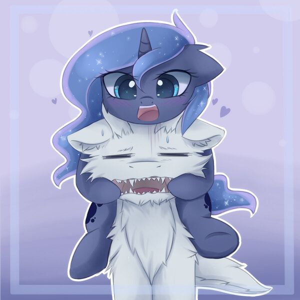 Size: 1600x1600 | Tagged: safe, artist:magnaluna, derpibooru import, princess luna, oc, oc:zefiroth, dragon, blushing, canon x oc, chibi, heart, sharp teeth, shipping, spirited away