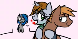 Size: 2385x1194 | Tagged: suggestive, artist:jetwave, derpibooru import, oc, oc:calamity, oc:homage, oc:littlepip, unofficial characters only, pegasus, pony, unicorn, fallout equestria, fanfic, caught, clothes, dashite, eyeshadow, fanfic art, female, heart, hooves, horn, hug, implied sex, makeup, male, mare, open mouth, pipbuck, piplamity, shipping, smiling, stallion, straight, tongue out, vault suit, wings