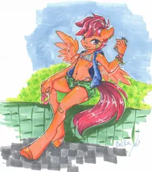 Size: 1280x1443 | Tagged: suggestive, artist:cloud-up, derpibooru import, scootaloo, anthro, bandaid, belly button, bikini, breasts, clothes, delicious flat chest, earring, female, phone, piercing, scootaflat, selfie, shorts, smartphone, solo, swimsuit