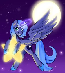 Size: 2200x2450 | Tagged: safe, artist:azure-doodle, derpibooru import, princess luna, pony, female, glowing horn, looking at you, magic, mare, moon, s1 luna, smiling, solo, stars, tangible heavenly object