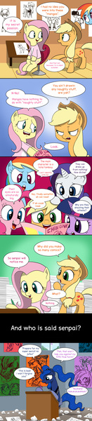 Size: 1545x7068 | Tagged: alita, alternate hairstyle, anime, applejack, artist:doublewbrothers, attack on titan, battle angel alita, clothes, colossal titan, comic, derpibooru import, desty nova, dialogue, discord, drawing, fluttershy, gally, hypocritical humor, illiteracy, illiterate, jojo's bizarre adventure, jotaro kujo, mane six, manga, mangaka, notice me senpai, otaku, otakushy, pigtails, pinkie pie, princess luna, rainbow dash, rarity, safe, sailor moon, sailor uniform, scare master, season 5 comic marathon, senpai, senpai noticed me, shirt, speech bubble, stand, stardust crusaders, star platinum, the mane is the hat, titan, t-shirt, twilight sparkle