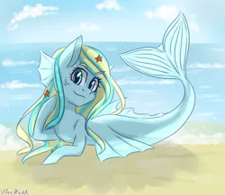 Size: 2300x2000 | Tagged: artist:silbersternenlicht, beach, derpibooru import, mermaid, merpony, oc, oc:ocean miracle, safe, solo, unofficial characters only
