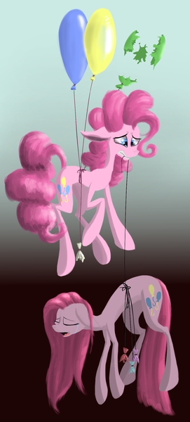 Size: 1024x2265 | Tagged: artist:elskafox, artist:kopaleo, balloon, balloon popping, crying, derpibooru import, hanging, pinkamena diane pie, pinkie pie, popping, sad, safe, then watch her balloons lift her up to the sky