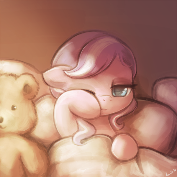 Size: 750x750 | Tagged: safe, artist:lumineko, derpibooru import, diamond tiara, pony, bed, cute, diamondbetes, female, filly, lumineko is trying to murder us, morning ponies, solo, teddy bear, tired