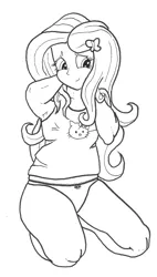 Size: 1814x3200 | Tagged: suggestive, artist:bigmacintosh2000, derpibooru import, fluttershy, equestria girls, armpits, black and white, clothes, female, frilly underwear, grayscale, hello kitty, ink, kneeling, monochrome, panties, ribbon, sanrio, solo, solo female, tanktop, underwear