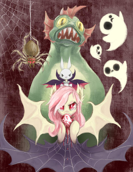 Size: 1280x1658 | Tagged: safe, artist:mlpanon, derpibooru import, angel bunny, fluttershy, fuzzy legs, harry, bat pony, pony, spider, scare master, flutterbat, harry the swamp monster, nightmare night