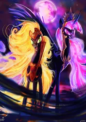 Size: 666x942 | Tagged: safe, artist:jowybean, derpibooru import, applejack, twilight sparkle, twilight sparkle (alicorn), alicorn, earth pony, pony, twijack weekly, fangs, female, glowing eyes, lesbian, looking at you, mare, moon, nightmare applejack, nightmare twilight, nightmarified, open mouth, shipping, twijack, xk-class end-of-the-world scenario