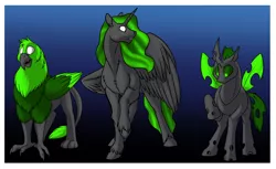 Size: 900x550 | Tagged: safe, artist:foxenawolf, derpibooru import, oc, oc:long path, unofficial characters only, alicorn, changeling, gryphon, pony, fanfic:a different perspective, alicorn oc, black fur, fanfic art, gradient background, green changeling, green feathers, green hair, green mane, horn, unshorn fetlocks